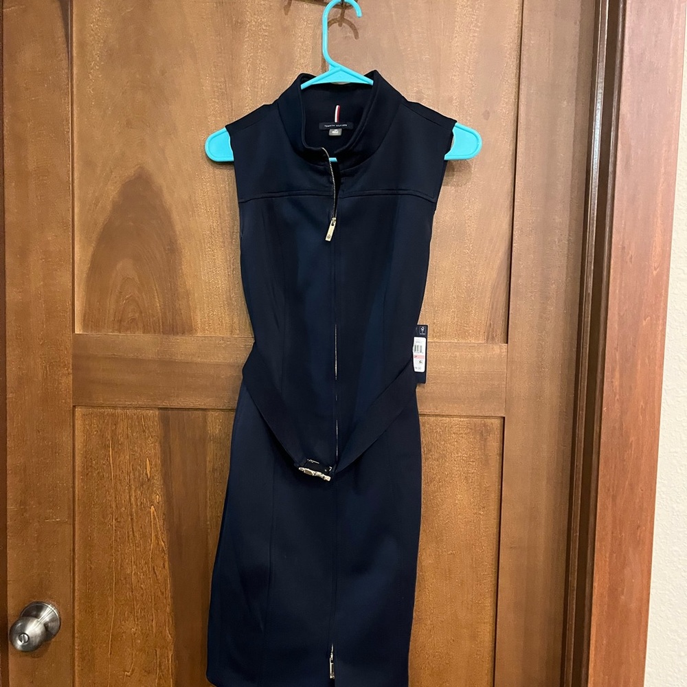 Tommy Hilfiger full zip navy sleeveless dress.